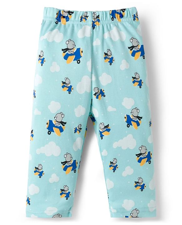Babyhug Cotton Knit Full Sleeves T-Shirt & Pyjama Co-ord Night Suit With Teddy Bear Print - Aqua