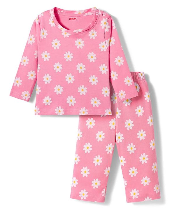 Babyhug Cotton Knit Full Sleeves T-Shirt & Pyjama Co-ord Night Suit With Floral Print - Pink