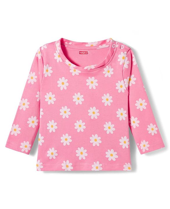 Babyhug Cotton Knit Full Sleeves T-Shirt & Pyjama Co-ord Night Suit With Floral Print - Pink
