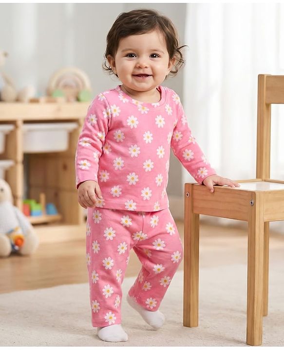 Babyhug Cotton Knit Full Sleeves T-Shirt & Pyjama Co-ord Night Suit With Floral Print - Pink