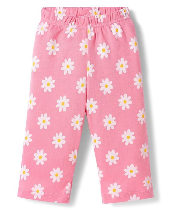 Babyhug Cotton Knit Full Sleeves T-Shirt & Pyjama Co-ord Night Suit With Floral Print - Pink