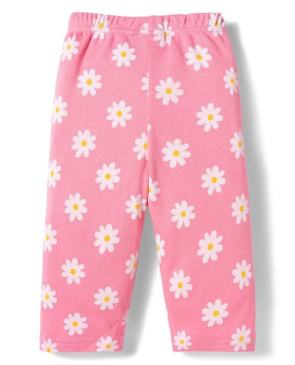Babyhug Cotton Knit Full Sleeves T-Shirt & Pyjama Co-ord Night Suit With Floral Print - Pink