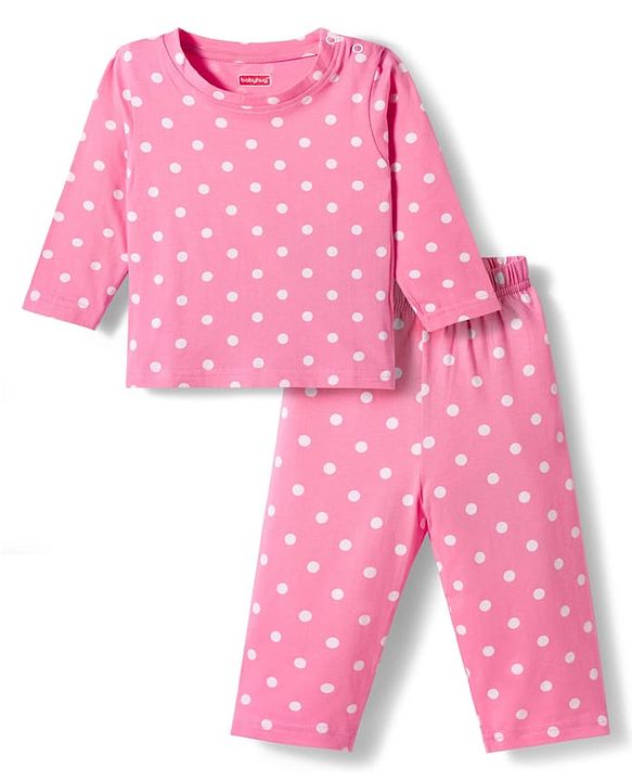 Babyhug Cotton Knit Full Sleeves T-Shirt & Pyjama Co-ord Night Suit With Polka Dot Print - Pink