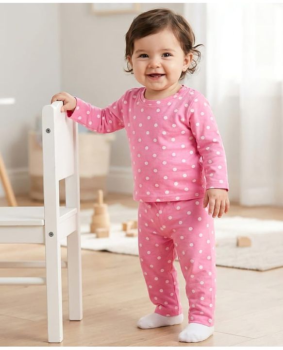 Babyhug Cotton Knit Full Sleeves T-Shirt & Pyjama Co-ord Night Suit With Polka Dot Print - Pink