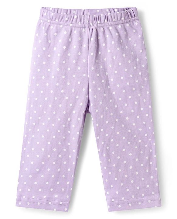 Babyhug Cotton Knit Full Sleeves T-Shirt & Pyjama Co-ord Night Suit With Polka Dot Print - Lilac