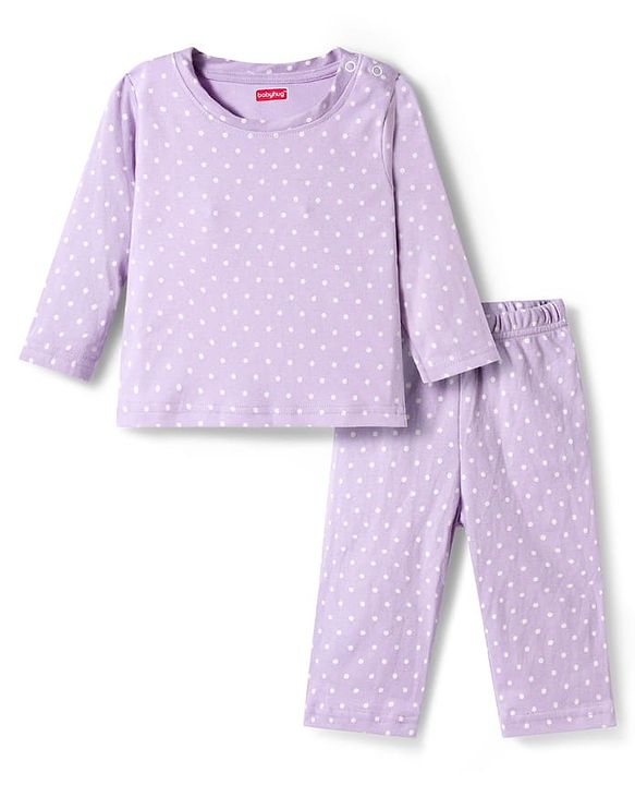Babyhug Cotton Knit Full Sleeves T-Shirt & Pyjama Co-ord Night Suit With Polka Dot Print - Lilac