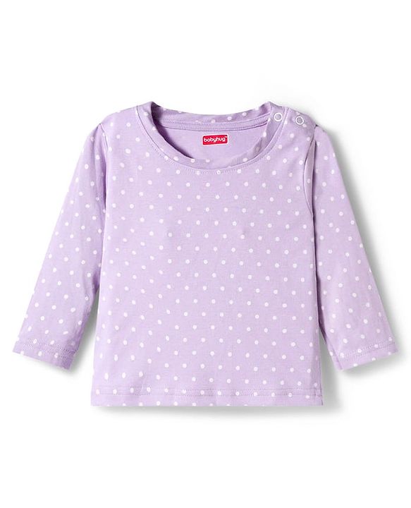 Babyhug Cotton Knit Full Sleeves T-Shirt & Pyjama Co-ord Night Suit With Polka Dot Print - Lilac