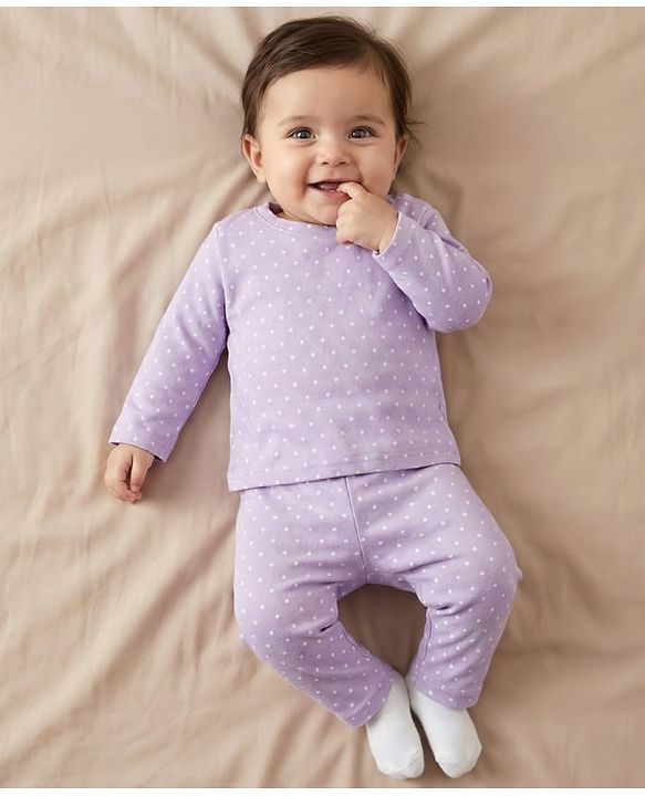 Babyhug Cotton Knit Full Sleeves T-Shirt & Pyjama Co-ord Night Suit With Polka Dot Print - Lilac