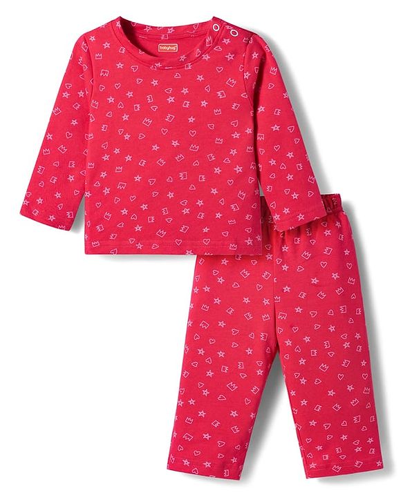 Babyhug Cotton Knit Full Sleeves T-Shirt & Pyjama Co-ord Night Suit With Shapes Print - Red
