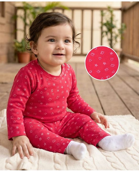 Babyhug Cotton Knit Full Sleeves T-Shirt & Pyjama Co-ord Night Suit With Shapes Print - Red