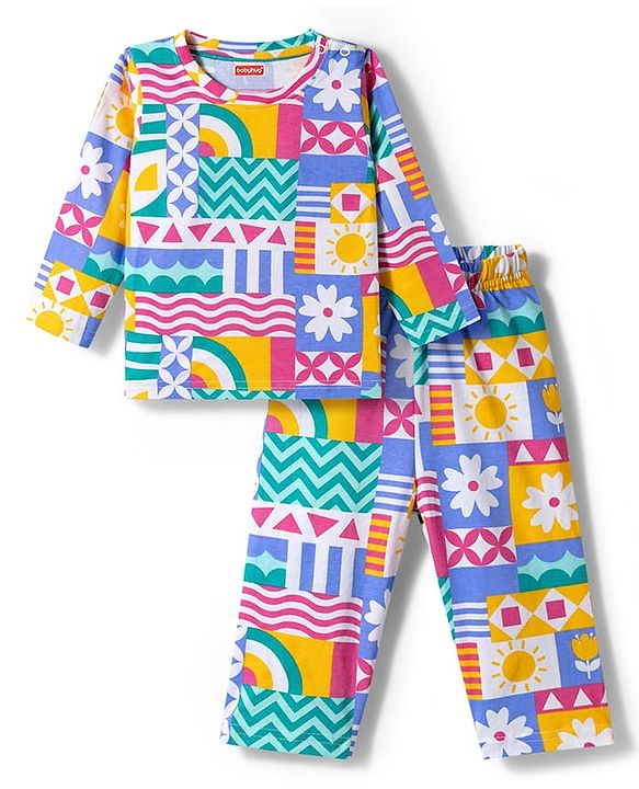Babyhug Cotton Knit Full Sleeves Printed T-Shirt & Pyjama Co-ord Night Suit - Multicolor