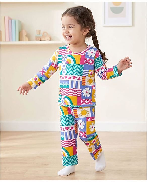 Babyhug Cotton Knit Full Sleeves Printed T-Shirt & Pyjama Co-ord Night Suit - Multicolor