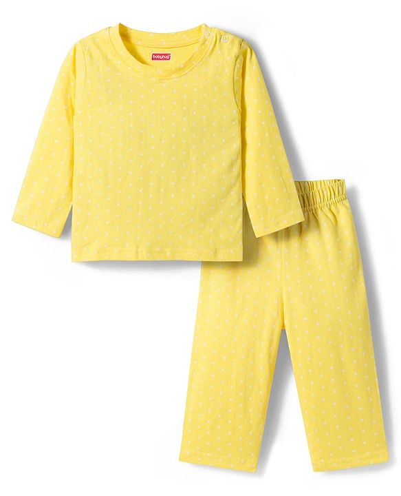 Babyhug Cotton Knit Full Sleeves T-Shirt & Pyjama Co-ord Night Suit With Polka Dot Print - Yellow
