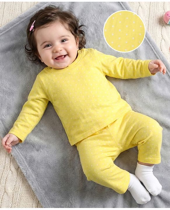 Babyhug Cotton Knit Full Sleeves T-Shirt & Pyjama Co-ord Night Suit With Polka Dot Print - Yellow