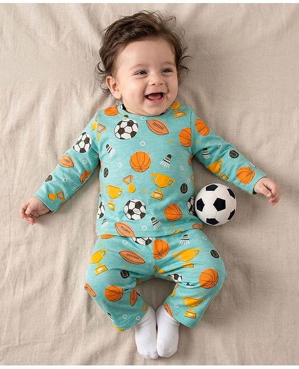 Babyhug Cotton Knit Full Sleeves Co-ords Night Suit With Football Print - Teal Blue
