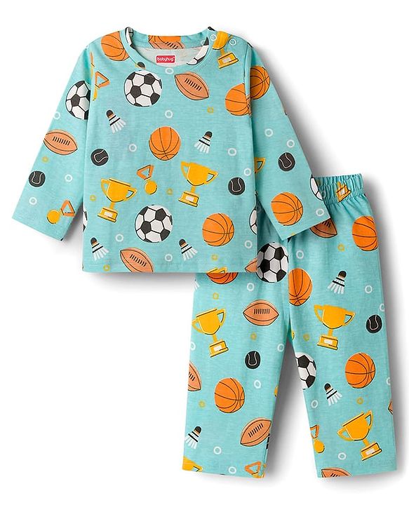 Babyhug Cotton Knit Full Sleeves Co-ords Night Suit With Football Print - Teal Blue