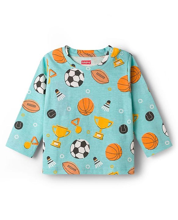 Babyhug Cotton Knit Full Sleeves Co-ords Night Suit With Football Print - Teal Blue