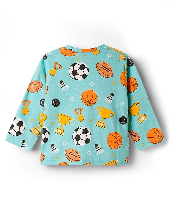 Babyhug Cotton Knit Full Sleeves Co-ords Night Suit With Football Print - Teal Blue