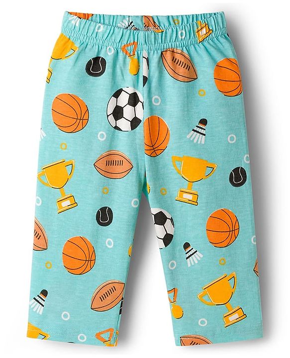 Babyhug Cotton Knit Full Sleeves Co-ords Night Suit With Football Print - Teal Blue
