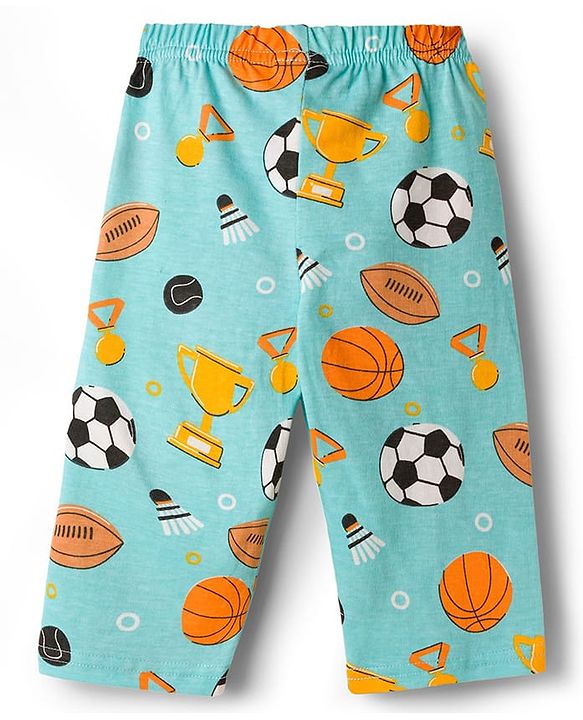 Babyhug Cotton Knit Full Sleeves Co-ords Night Suit With Football Print - Teal Blue