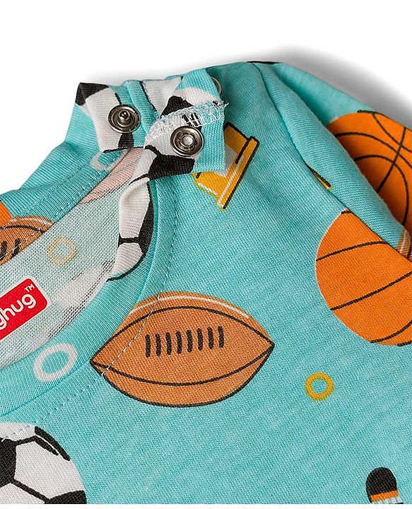 Babyhug Cotton Knit Full Sleeves Co-ords Night Suit With Football Print - Teal Blue