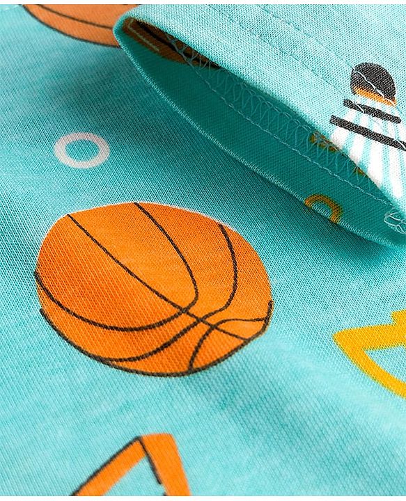 Babyhug Cotton Knit Full Sleeves Co-ords Night Suit With Football Print - Teal Blue