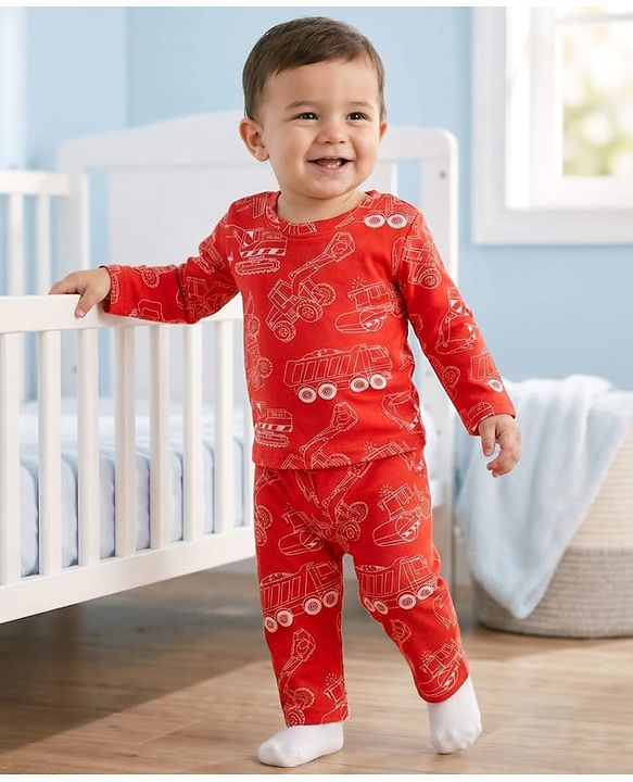 Babyhug Cotton Knit Full Sleeves Co-ords Night Suit With Vehicle Print - Red