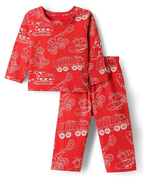 Babyhug Cotton Knit Full Sleeves Co-ords Night Suit With Vehicle Print - Red