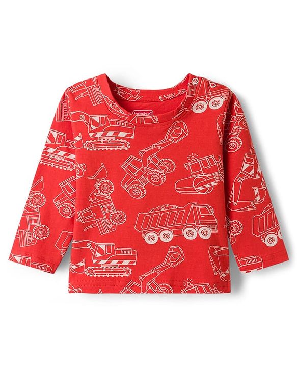 Babyhug Cotton Knit Full Sleeves Co-ords Night Suit With Vehicle Print - Red