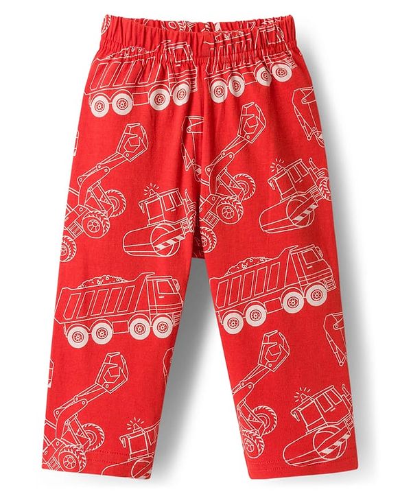 Babyhug Cotton Knit Full Sleeves Co-ords Night Suit With Vehicle Print - Red