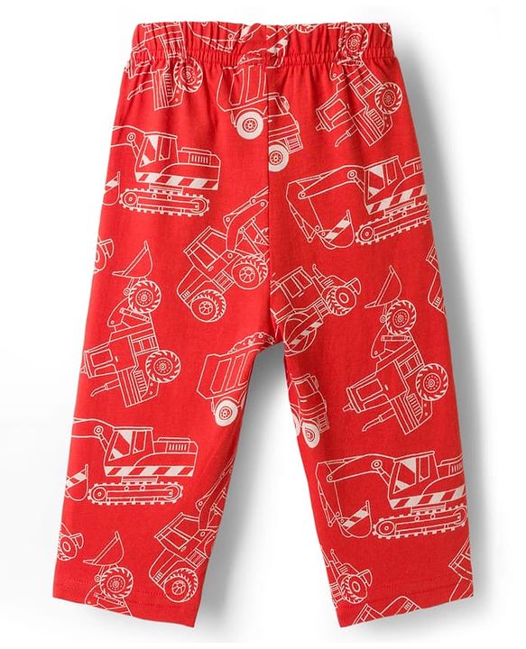 Babyhug Cotton Knit Full Sleeves Co-ords Night Suit With Vehicle Print - Red