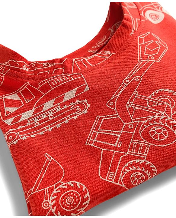 Babyhug Cotton Knit Full Sleeves Co-ords Night Suit With Vehicle Print - Red