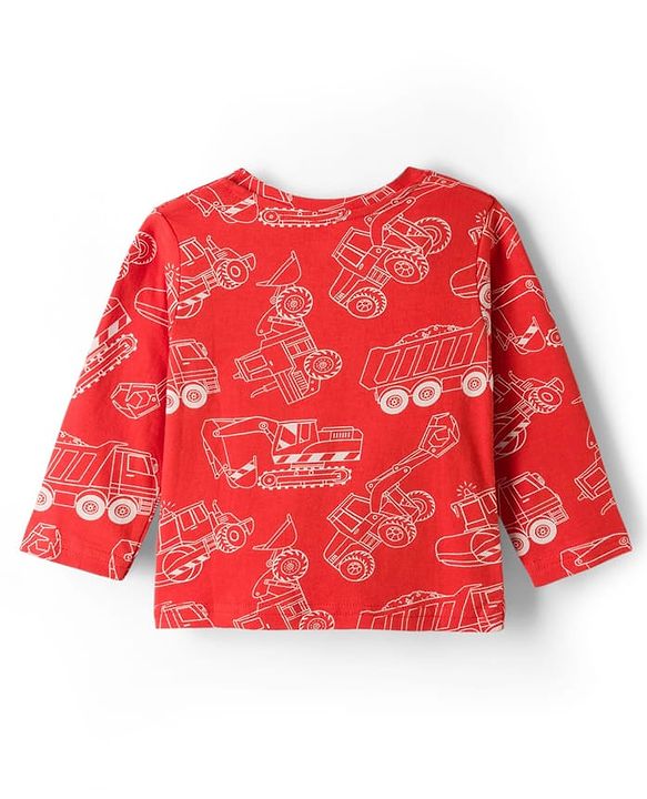 Babyhug Cotton Knit Full Sleeves Co-ords Night Suit With Vehicle Print - Red