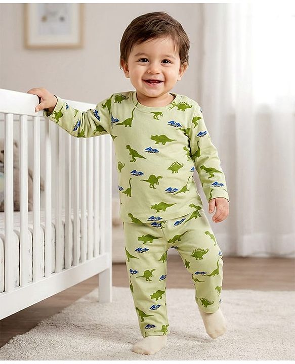 Babyhug Cotton Knit Full Sleeves Co-ords Night Suit With Dino Print - Light Green