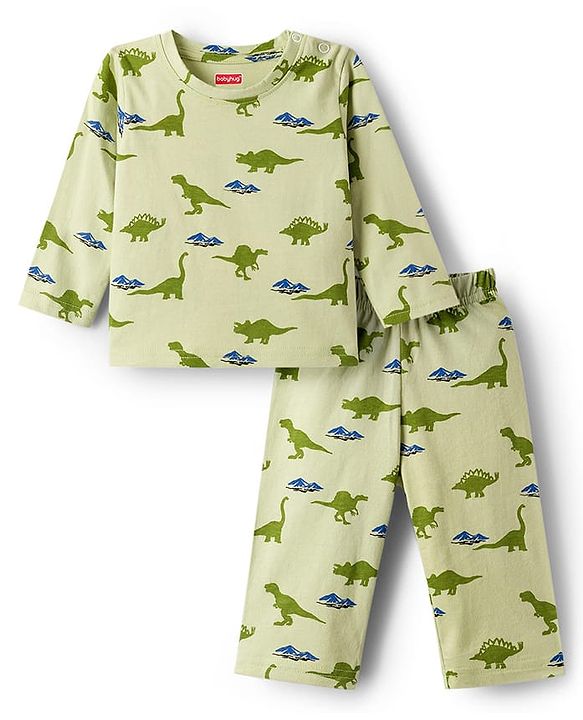 Babyhug Cotton Knit Full Sleeves Co-ords Night Suit With Dino Print - Light Green