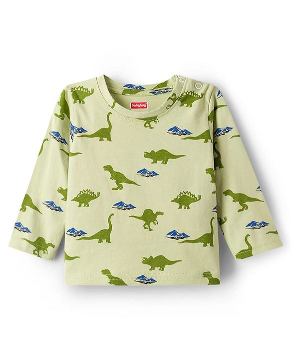Babyhug Cotton Knit Full Sleeves Co-ords Night Suit With Dino Print - Light Green