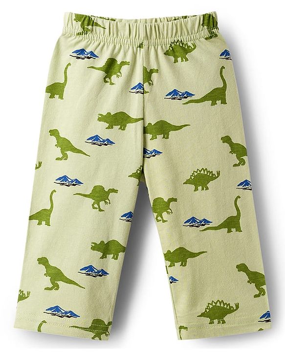 Babyhug Cotton Knit Full Sleeves Co-ords Night Suit With Dino Print - Light Green