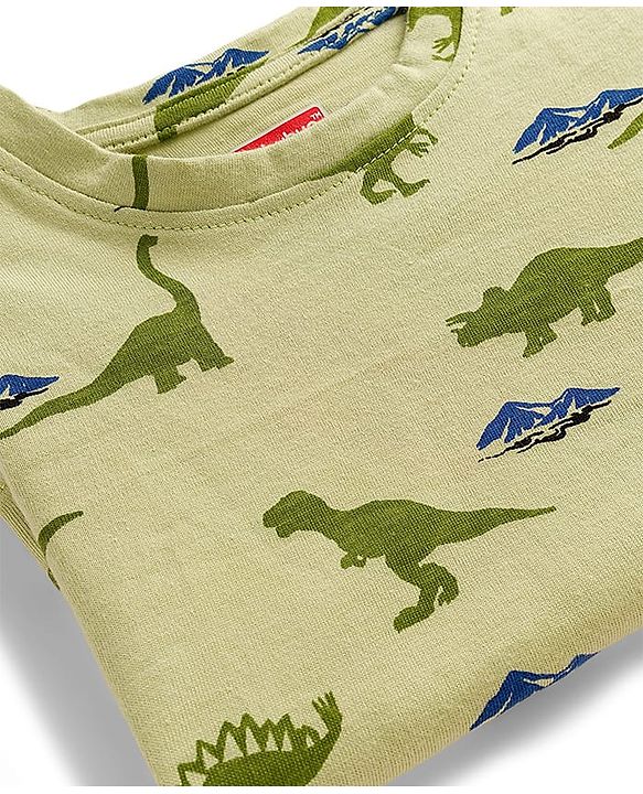 Babyhug Cotton Knit Full Sleeves Co-ords Night Suit With Dino Print - Light Green