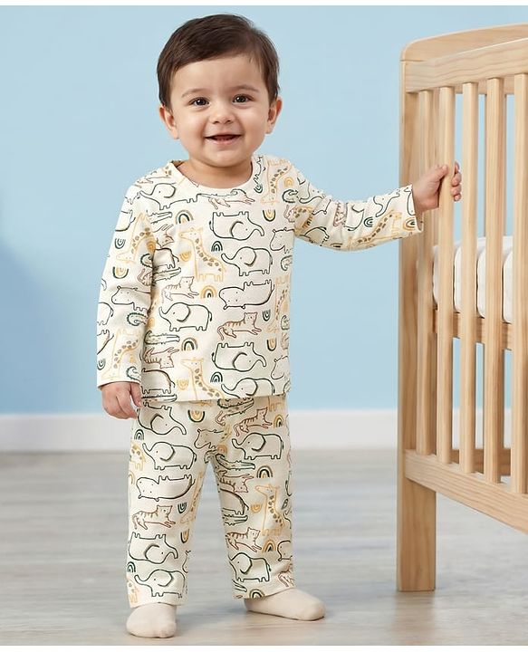 Babyhug Cotton Knit Full Sleeves Co-ords Night Suit With Jungle Theme Print - White
