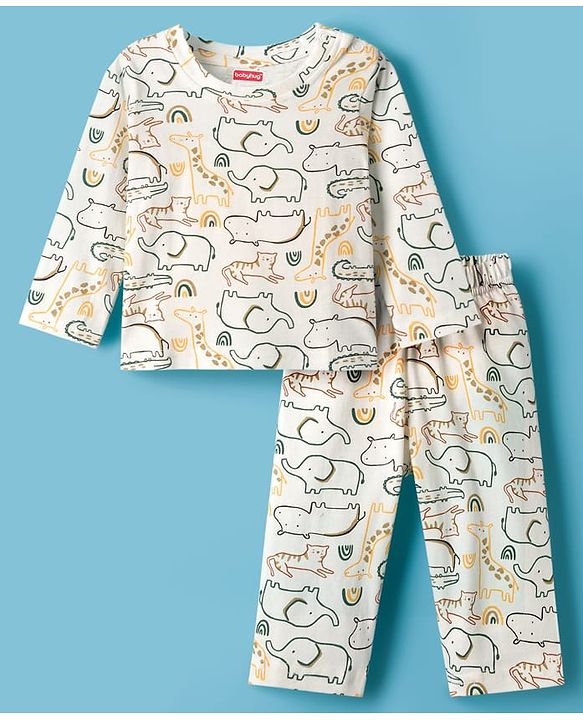 Babyhug Cotton Knit Full Sleeves Co-ords Night Suit With Jungle Theme Print - White