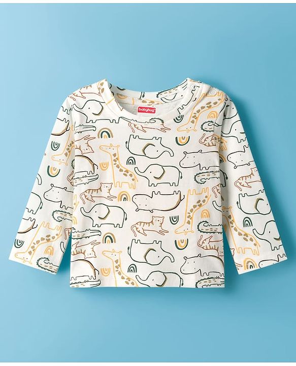 Babyhug Cotton Knit Full Sleeves Co-ords Night Suit With Jungle Theme Print - White