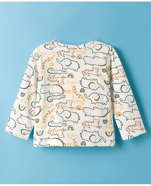 Babyhug Cotton Knit Full Sleeves Co-ords Night Suit With Jungle Theme Print - White