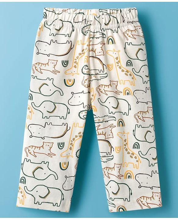 Babyhug Cotton Knit Full Sleeves Co-ords Night Suit With Jungle Theme Print - White