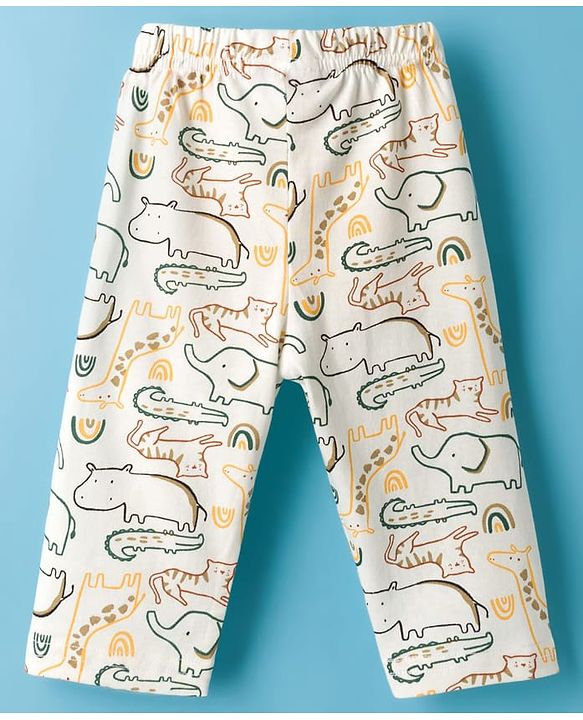 Babyhug Cotton Knit Full Sleeves Co-ords Night Suit With Jungle Theme Print - White