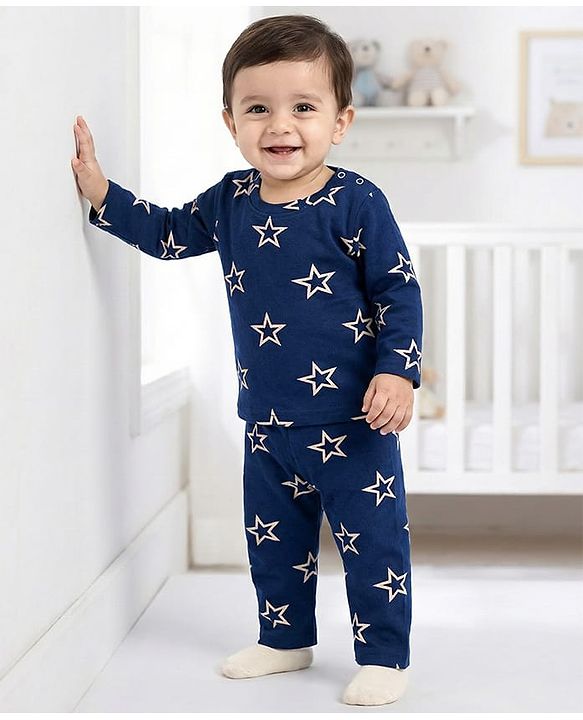 Babyhug Cotton Knit Full Sleeves Co-ords Night Suit With Star Print - Navy Blue