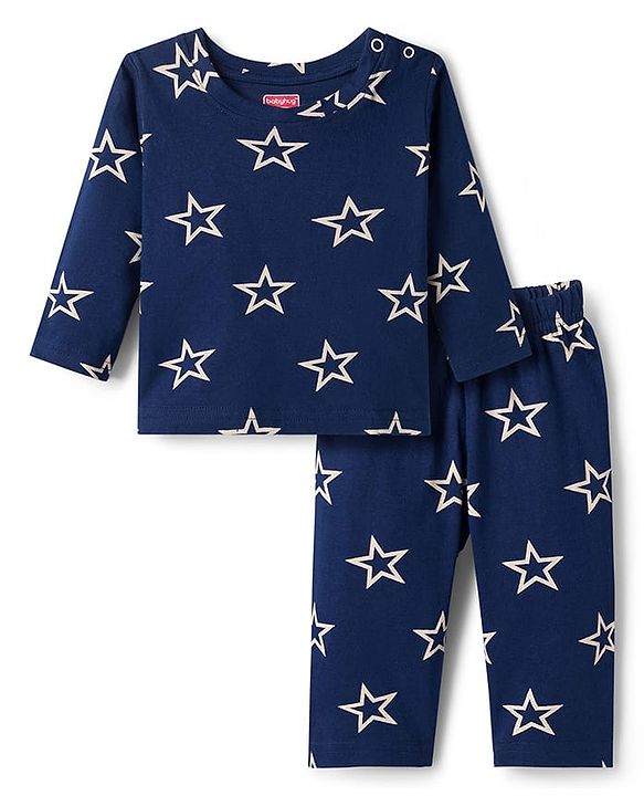 Babyhug Cotton Knit Full Sleeves Co-ords Night Suit With Star Print - Navy Blue
