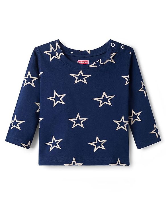 Babyhug Cotton Knit Full Sleeves Co-ords Night Suit With Star Print - Navy Blue