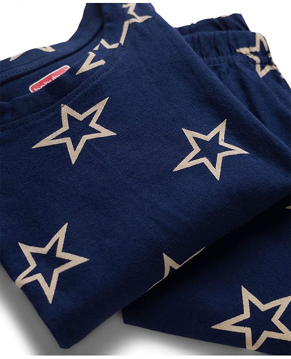Babyhug Cotton Knit Full Sleeves Co-ords Night Suit With Star Print - Navy Blue