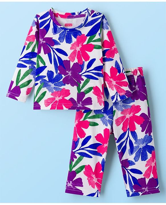 Babyhug Cotton Knit Full Sleeves Co-ords Night Suit With Floral Print - Blue