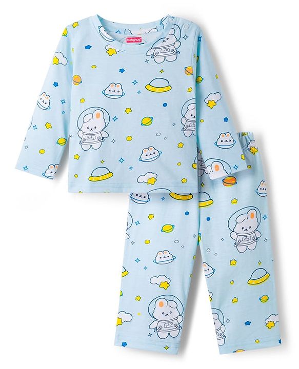 Babyhug Cotton Knit Full Sleeves Co-ords Night Suit With Bunny Print - Light Blue